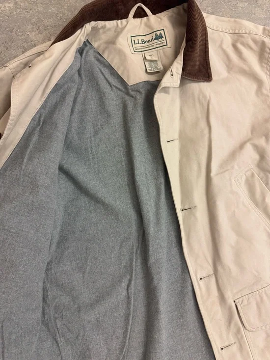 L.L. Bean Beige Cotton Field Jacket with Brown Corduroy Collar Medium - Picture 6 of 8